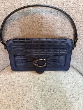 Navy Textured Leather Shoulder Bag with 'C' Hardware